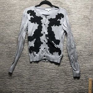 CAbi Grey Button Front casual Cardigan Black Lace Detail Size Medium